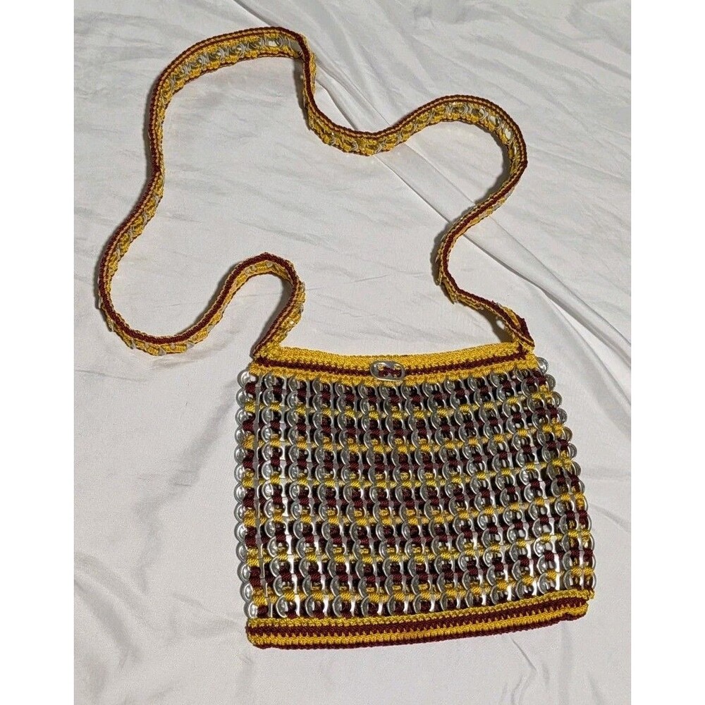 Soda Can POP TOP Pull Tab Maroon & Gold Crocheted Purse Crossbody Bag BOHO